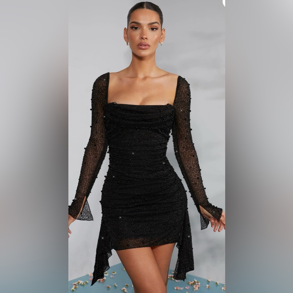 ✨🖤Oh Polly Long Sleeve Embellished Cowl Neck Mini Dress in Black🖤✨ US SIZE 12